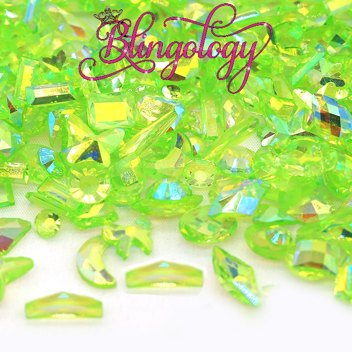 Mixed Shape Resin Rhinestones Medium Peridot Green AB Transparent Rhinestones, Heart, Round, Star, Moon, Diamond Flat Back Loose Rhinestones - 500pcs