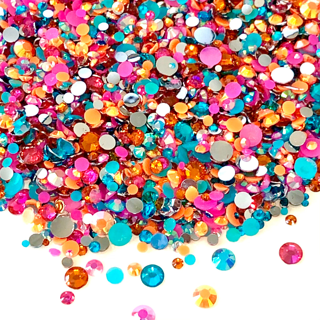 2-6mm Mixed Hot Pink, Orange, Teal Resin Jelly Round Flat Back Loose Rhinestones #21 - 5000pcs
