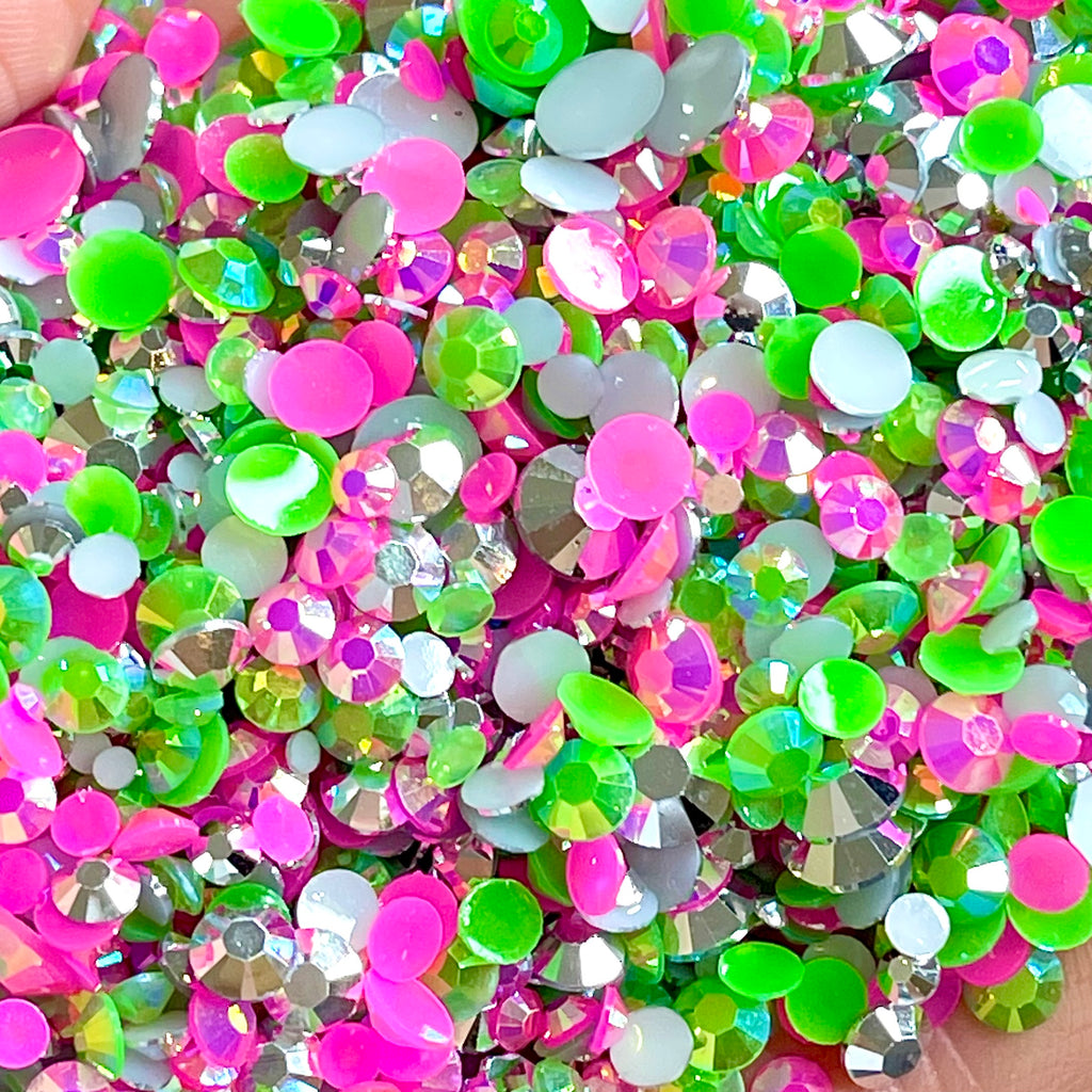 2-6mm Mixed Hot Pink, Green, Silver Jelly Round Flat Back Loose Rhinestones #34 - 5000pcs