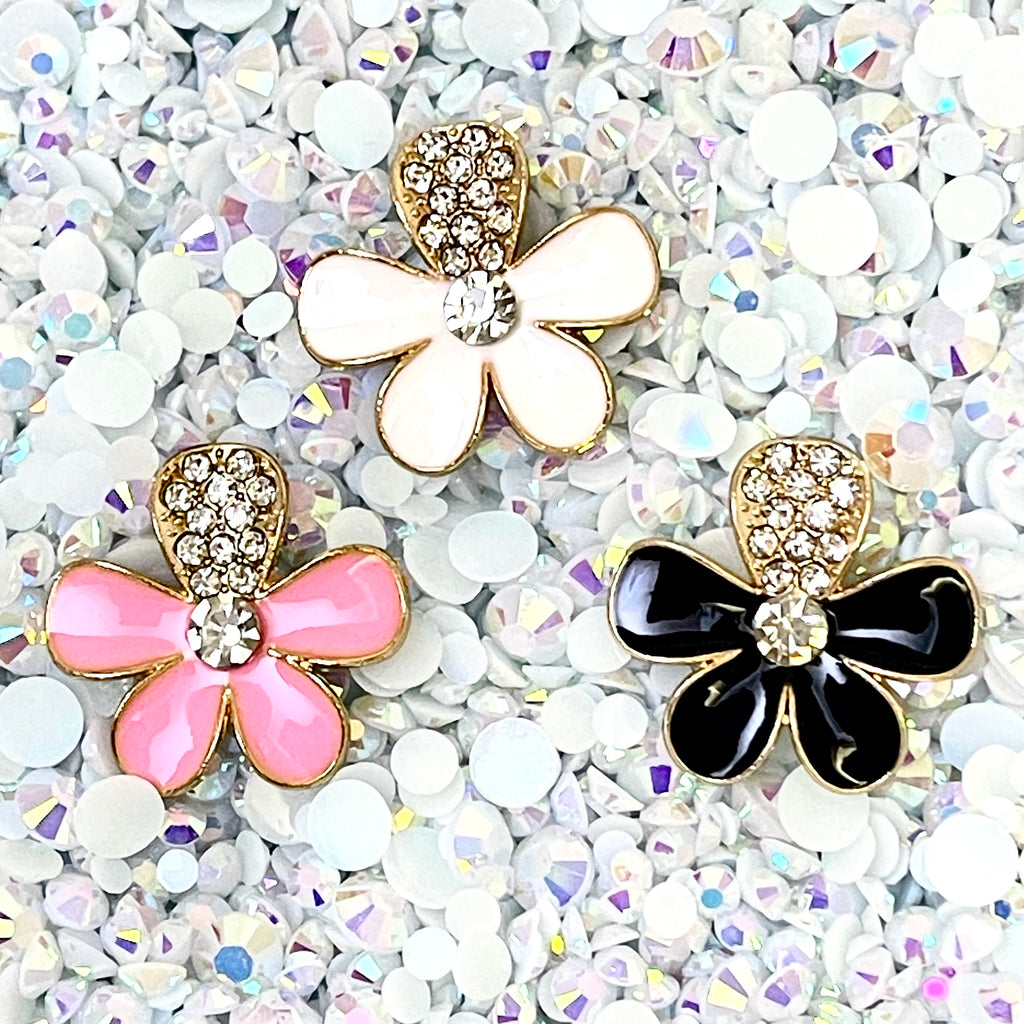 Flower Gold & Pink, Black , White with Rhinestone Bling Cabochon Alloy Metal Decoden