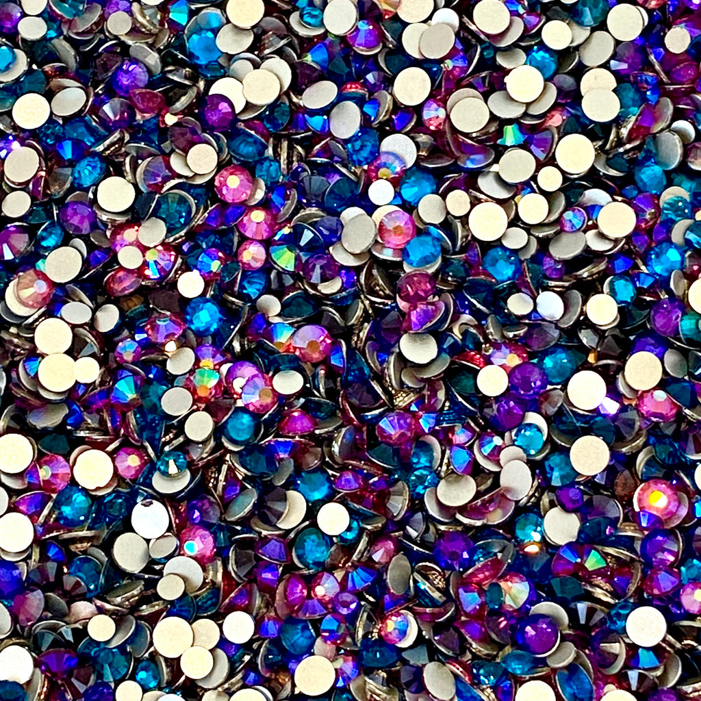 SS6-SS20/2-5mm Fuchsia AB, Dark Aqua, Purple Glass Round Flat Back Rhinestones Mixed Set #13 - 1000pcs