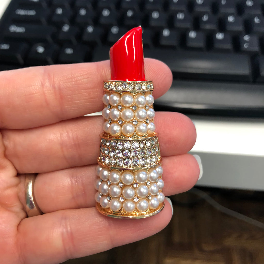 Red/Gold Lipstick Bling Pearl Alloy Charm