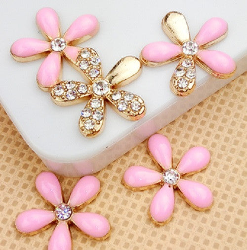 Set of 5 Pink & Gold Rhinestone Flowers Bling Alloy Cabochons Flatback Cell Phone Charms