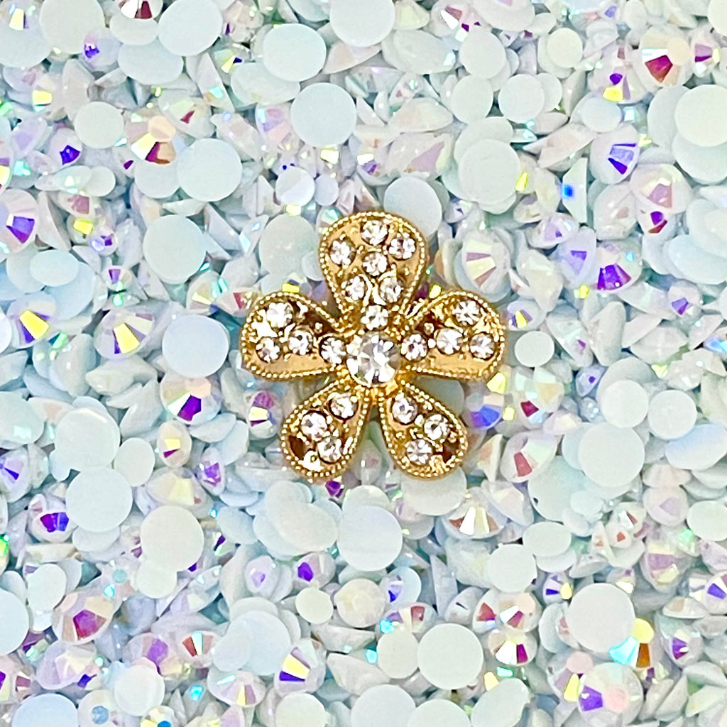Gold & Crystal Flower Gold Pave Rhinestone Bling Cabochon Alloy Metal Decoden