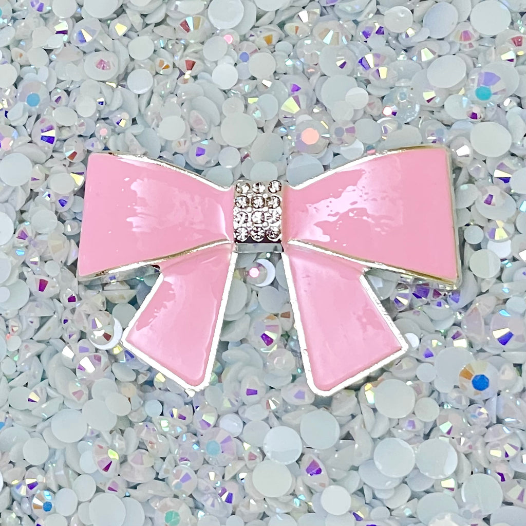 Pink Bow Silver Rhinestones Bling Cabochon Alloy Metal Decoden