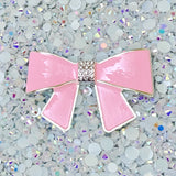Pink Bow Silver Rhinestones Bling Cabochon Alloy Metal Decoden