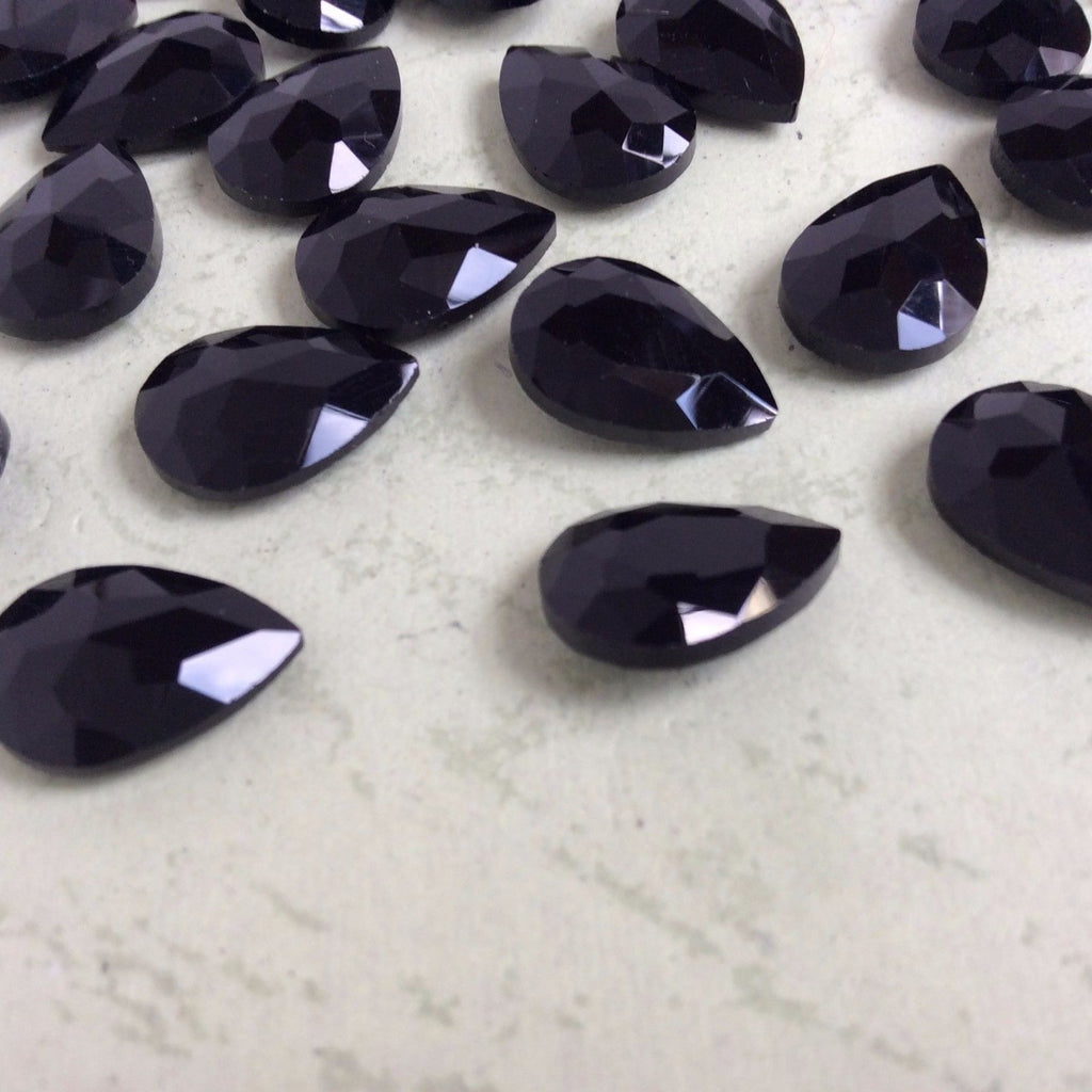 10x14mm Black Onyx Glass Teardrop Pointback Chatons Rhinestones - 20pcs